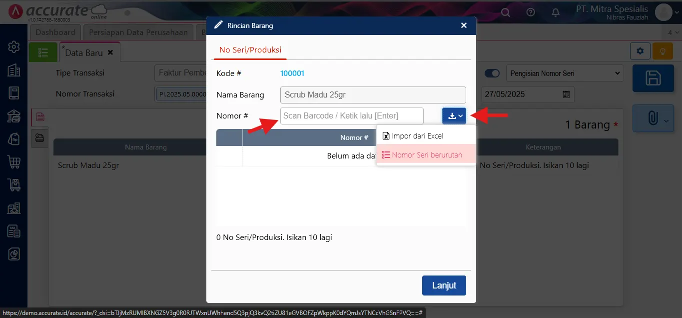 cara mencatat pengisian nomor seri